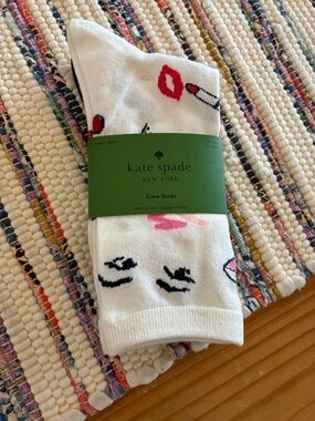 kate spade white crew socks with lipstick & lip print